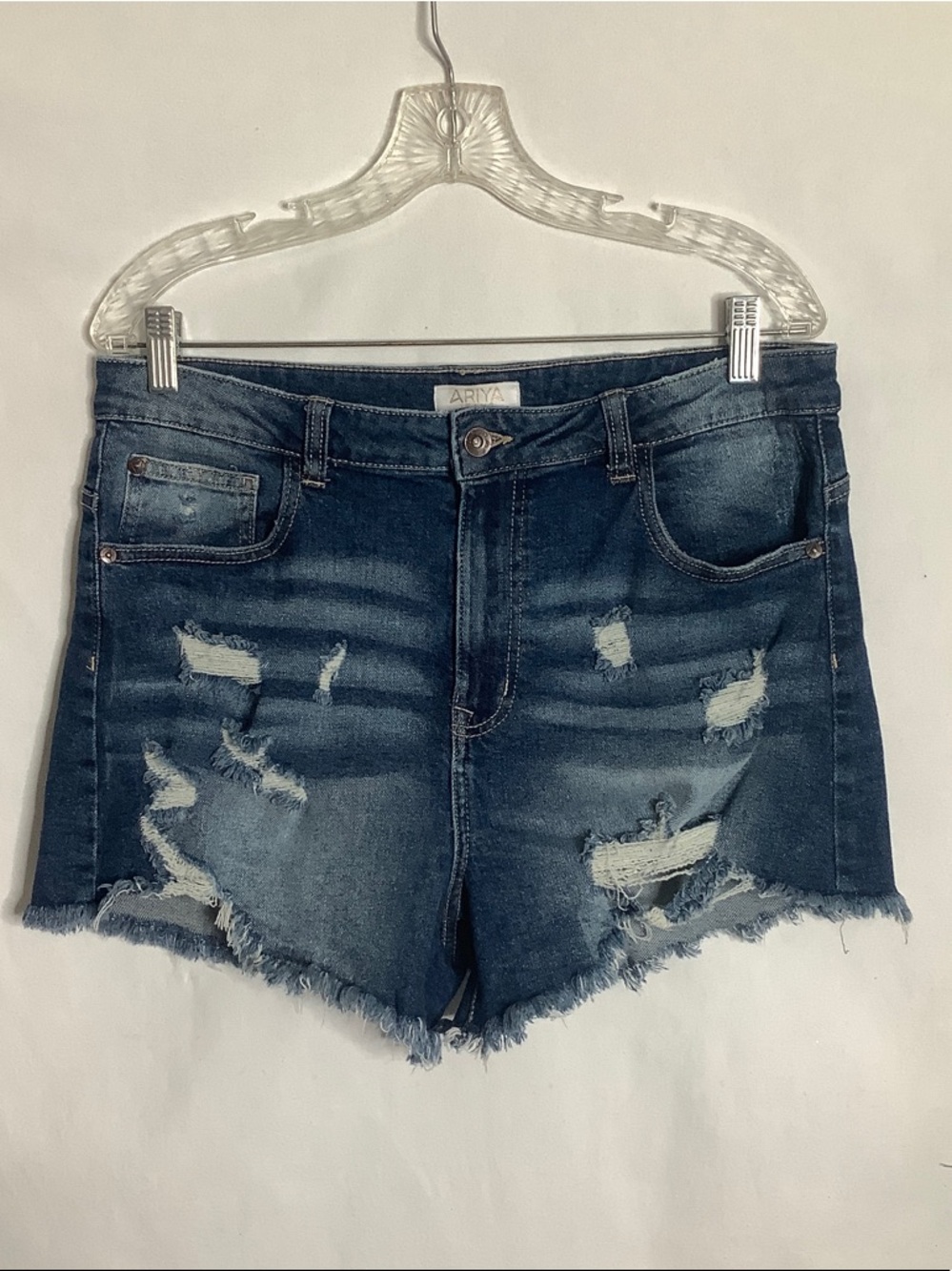 Ariya Distressed High-Rise Ripped Denim Shorts in Blue Size 32